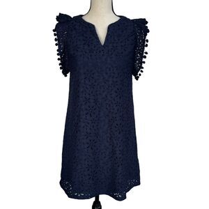 Charter Club Petite Small Mini Shift Dress Floral Lace Stretch V-Neck Navy Blue